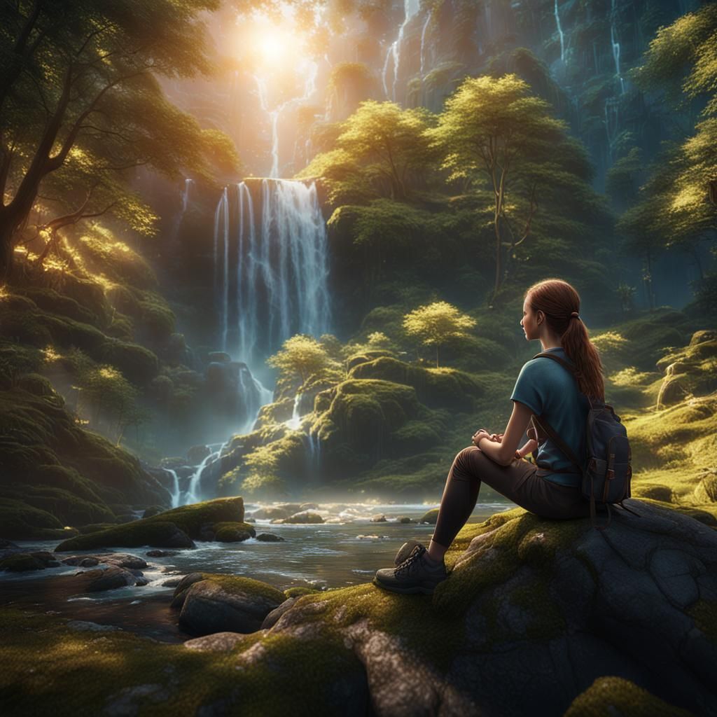 Girl in Sunlight by Waterfall: Fantasy Art