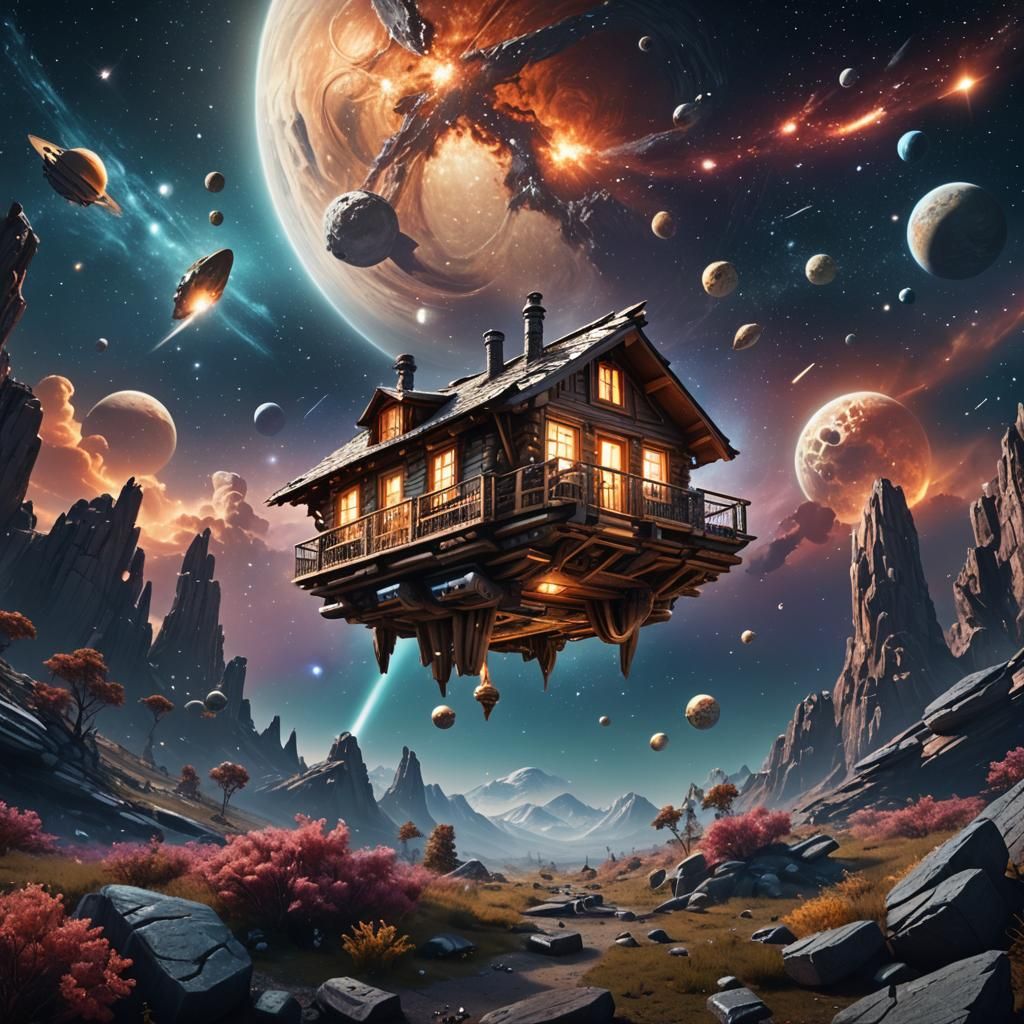 Log Cabin Spaceship Drifting in Cosmos: Matte Painting