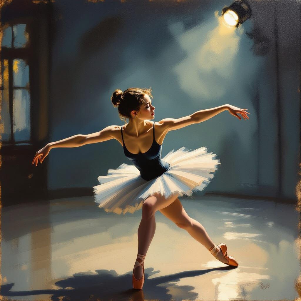 Anxious Ballet Dancer Attempts New Move in Dramatic Lighting