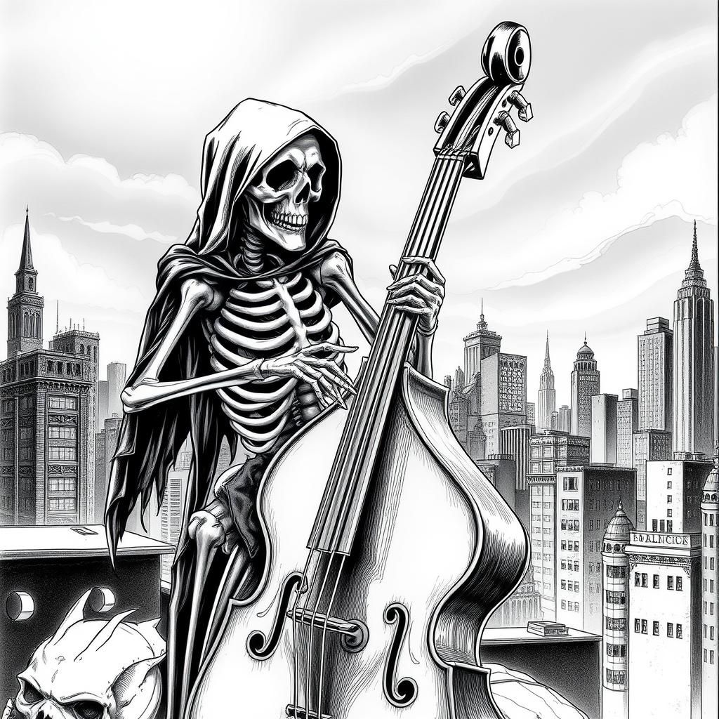 Blues de la Mort. Fantasy Grim Reaper Playing Double Bass