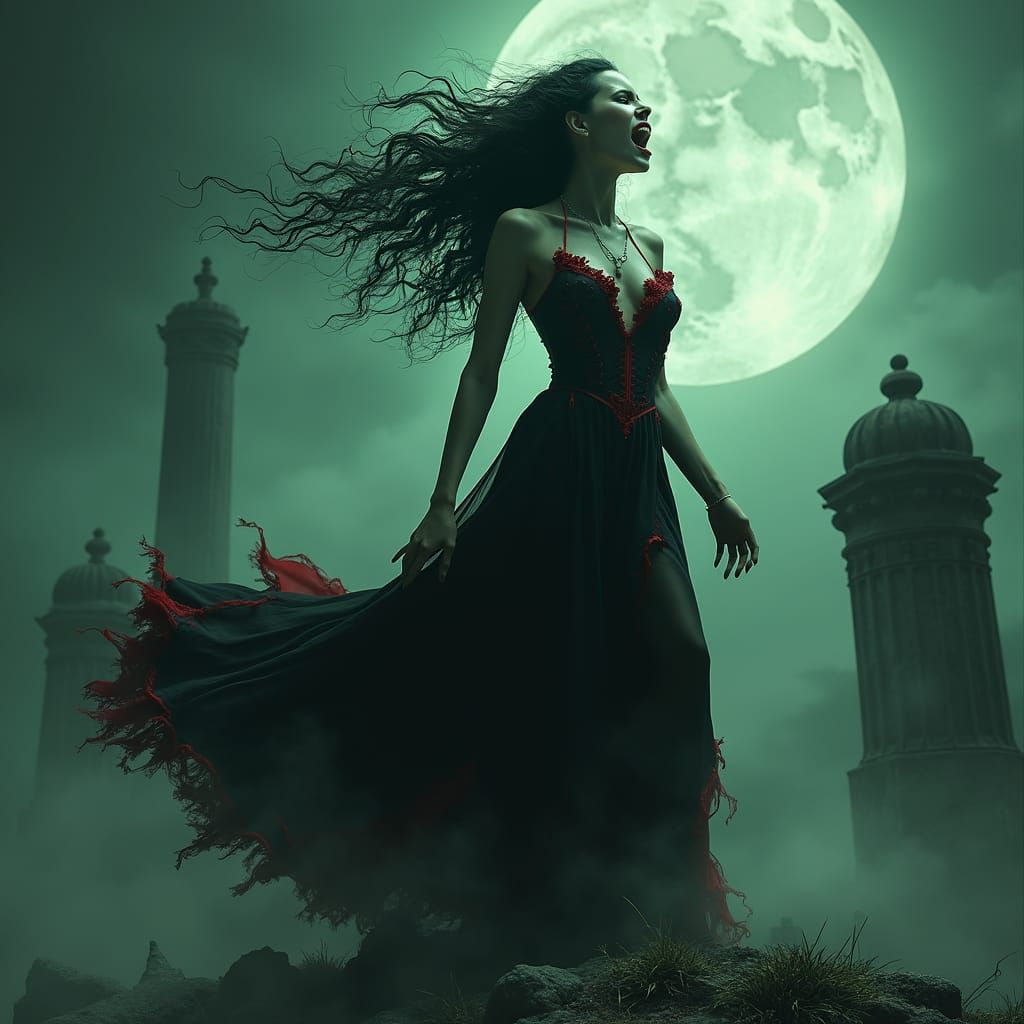 Gothic Vampire Goddess Warns of Doom in Futuristic Ruins