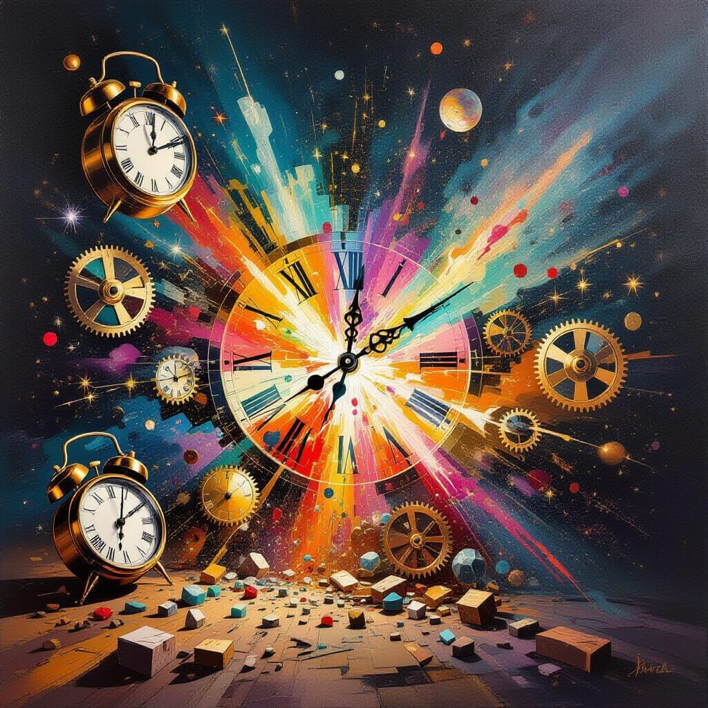 Surreal Time Explosion Painting with Gears and Cosmic Dust