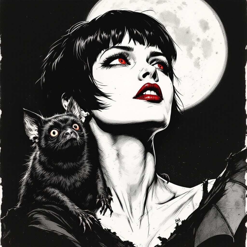 Gothic Vampire Woman in Monochrome Ink Illustration