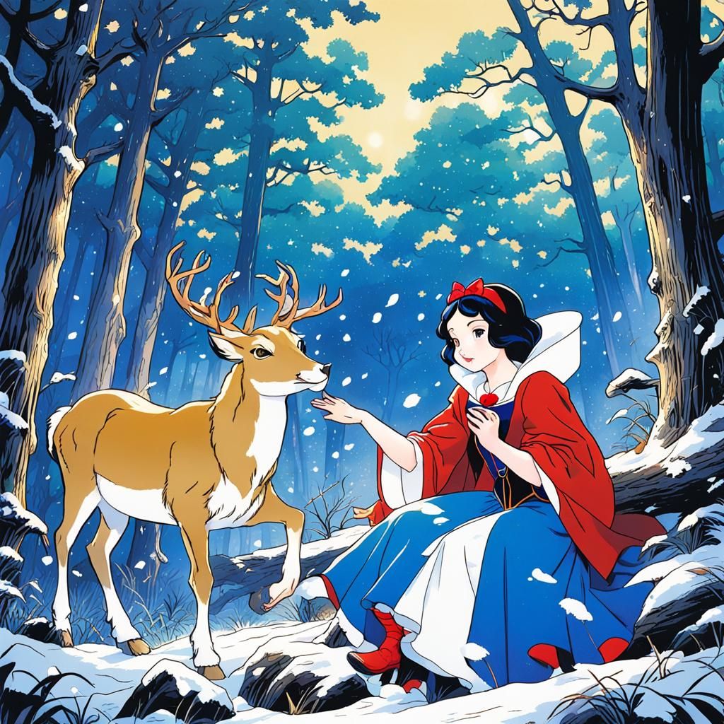 Snow White Rides a Doe: Ukiyo-e Style Forest Scene