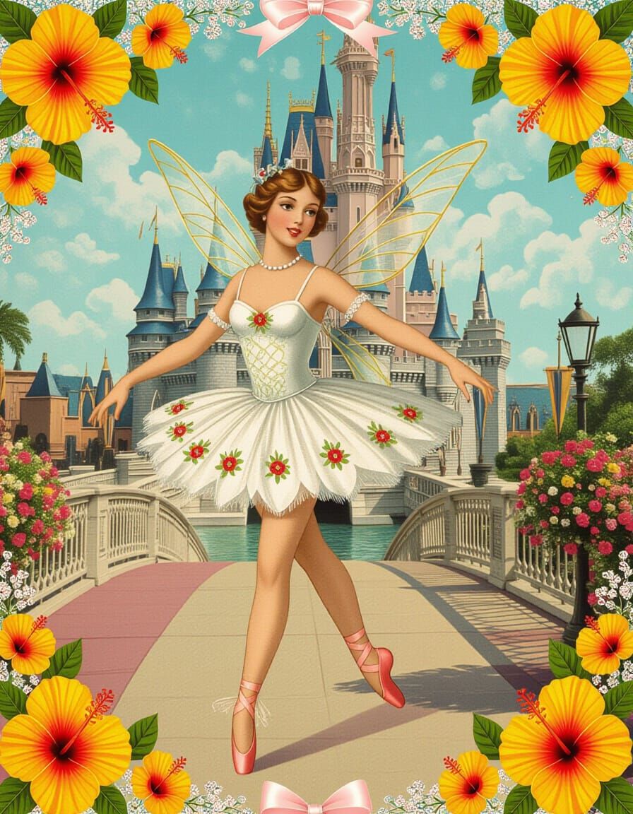 Ballerina Fairy Dancing on Hibiscus Summer Bridge