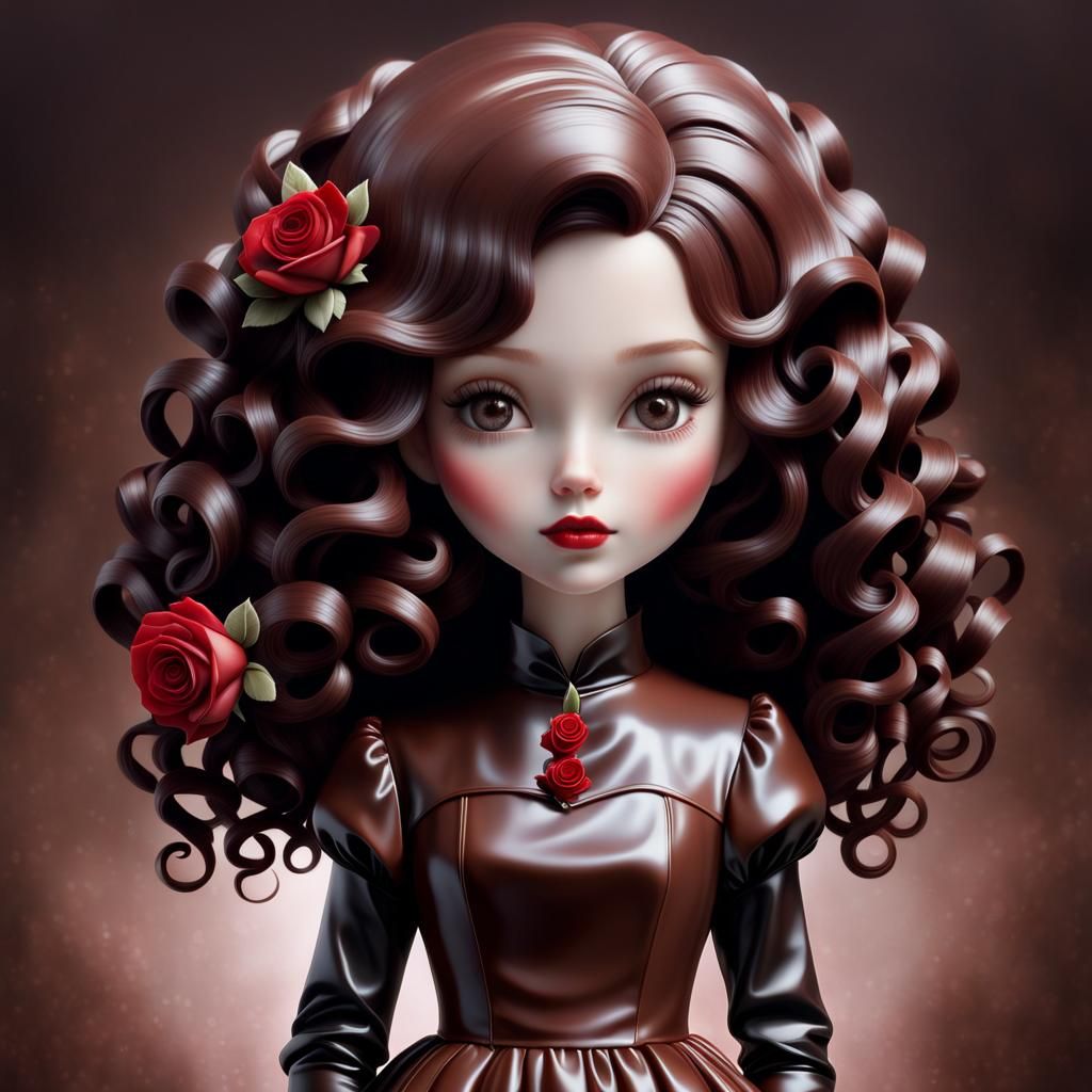 Girl with Chocolate Hair and Roses, Storybook Illustration