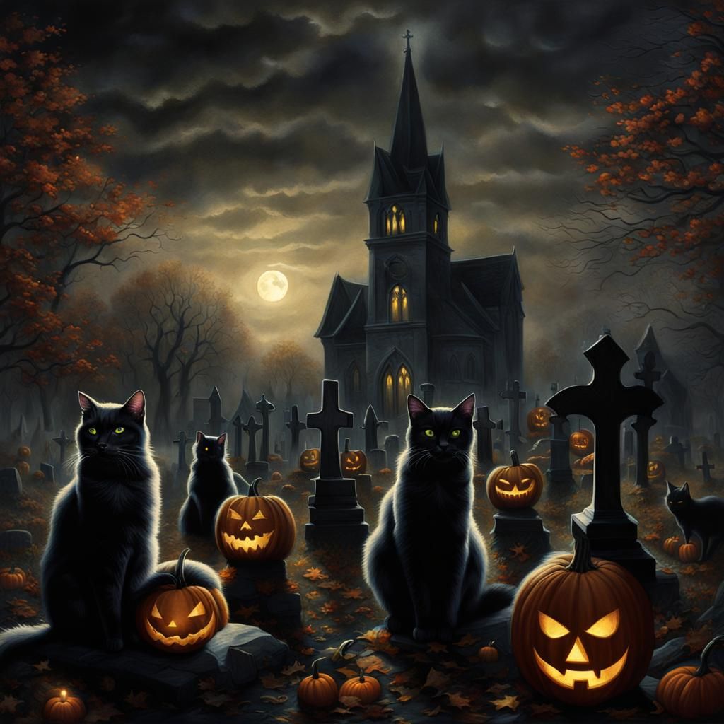 Cats Celebrate Halloween in Spooky Graveyard