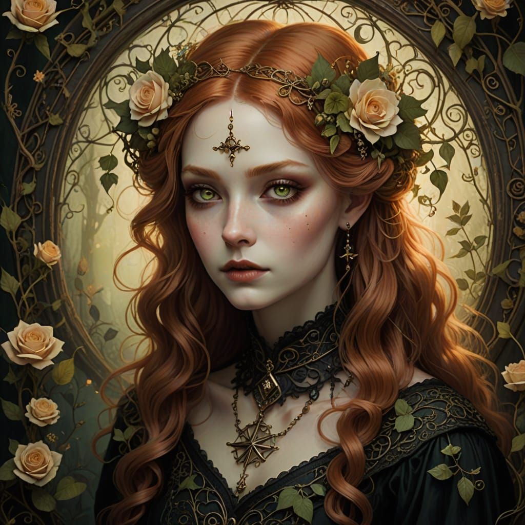 Ethereal Wiccan Goddess with Whimsical Flowers and Vines