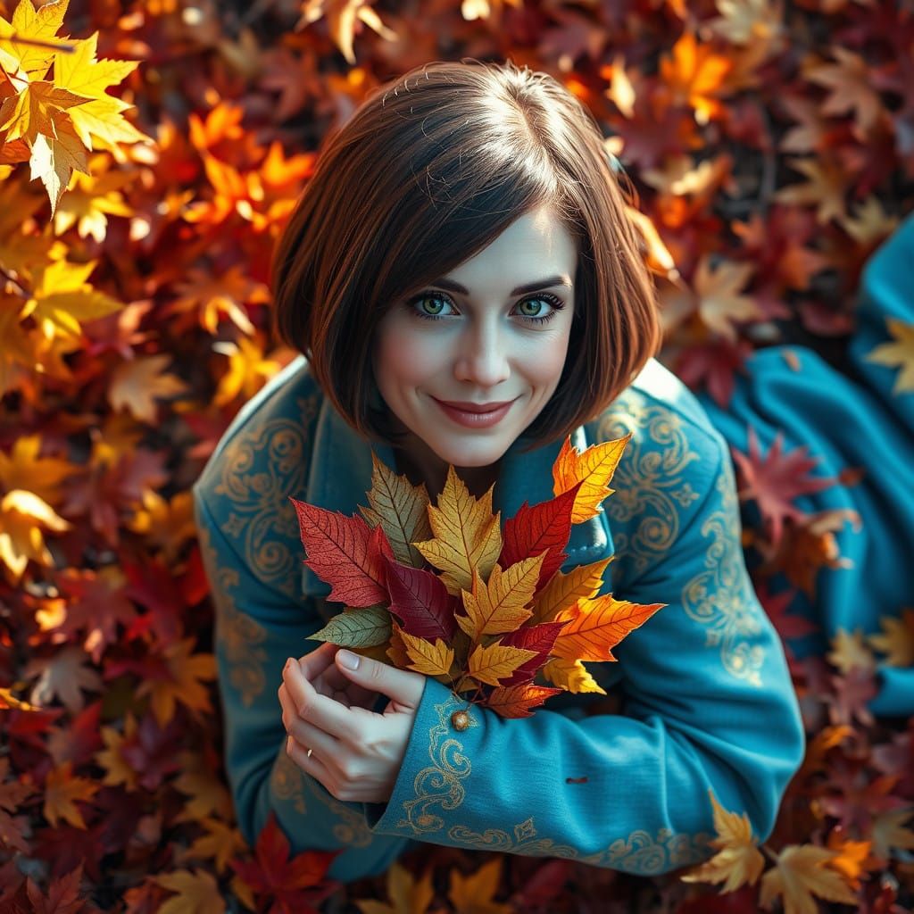 Woman in Autumn Landscape, Inspired by Art Nouveau and Cyber...