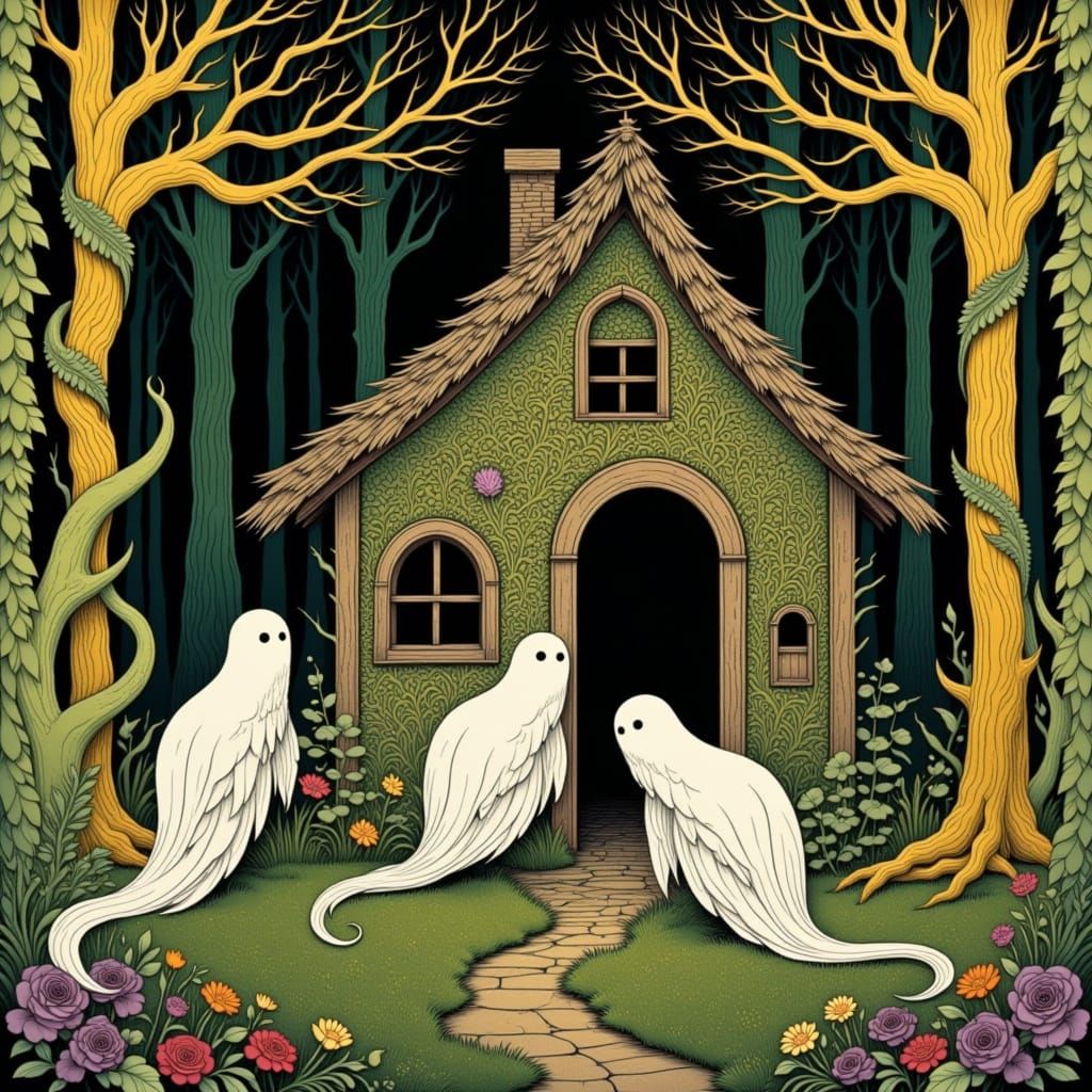 Eerie Garden Scene in Folk Art Nouveau Style
