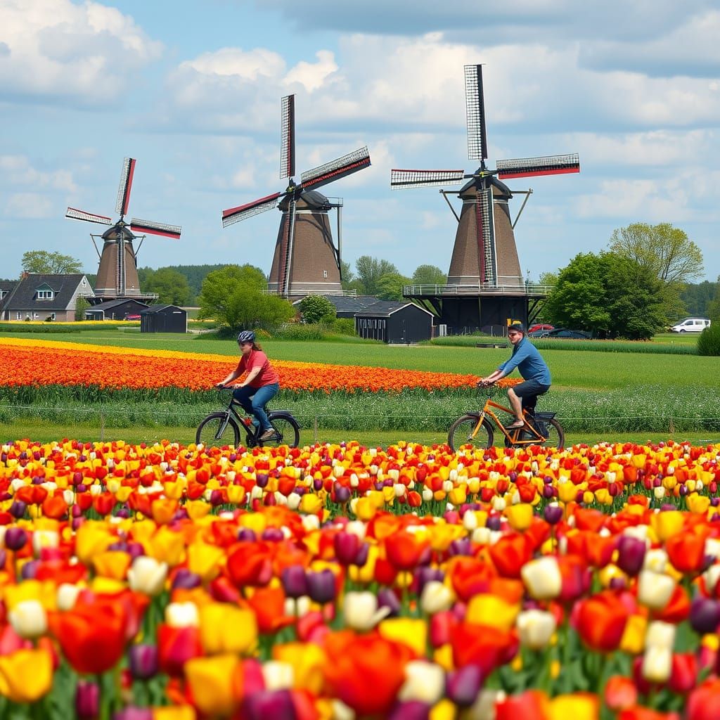 Vibrant Tulip Fields with Windmills in Dutch Countryside