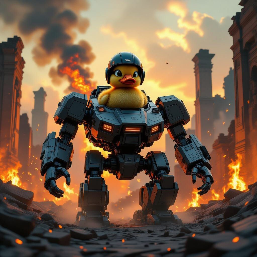 Cyberpunk Duckling Pilot in Mecha Battles Burning City