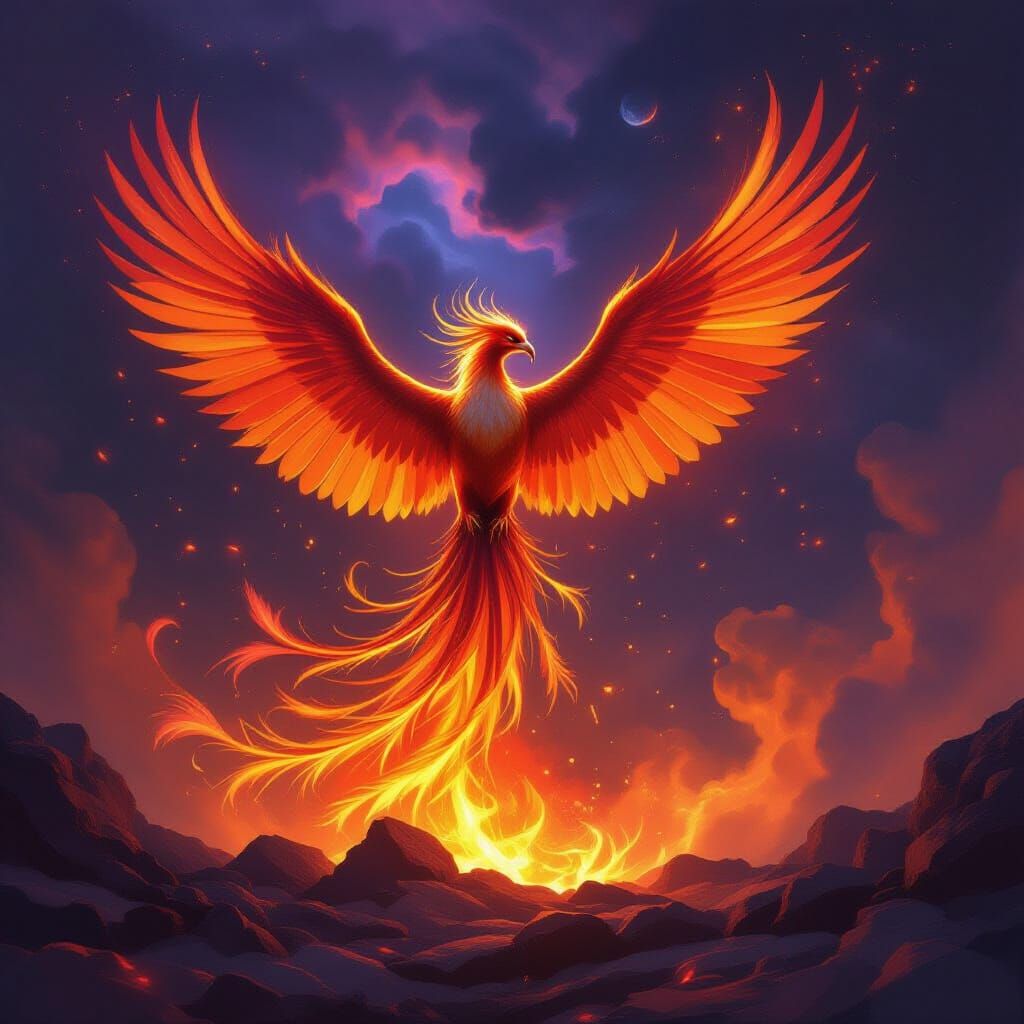 Majestic Phoenix Rises From Embers in Sunset Colors
