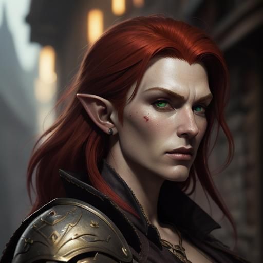 Red-Haired Half-Elf Thief Portrait in Comic Book Style