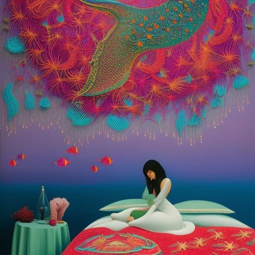 Woman on Surreal Seaweed Bed, Ornate Fashion Art