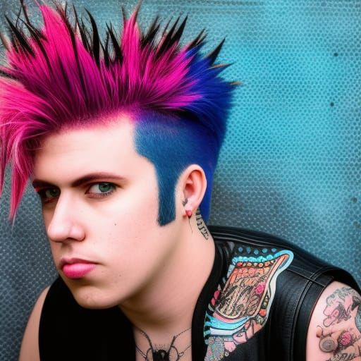 Detailed color drawing of a male punk rocker, multicolor