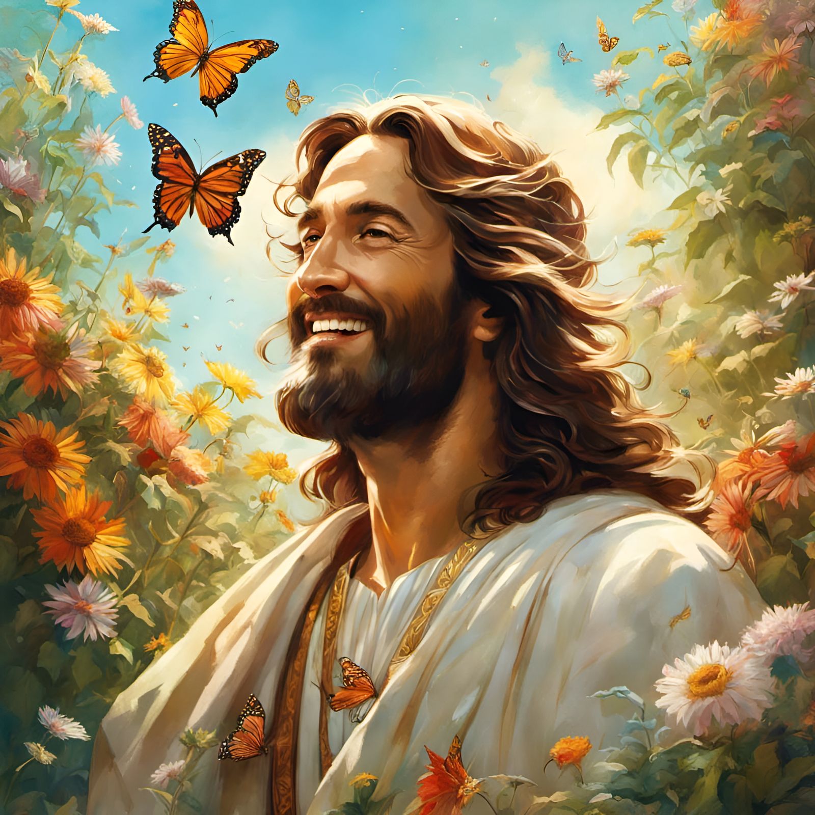 Happy Jesus Portrait with Butterflies