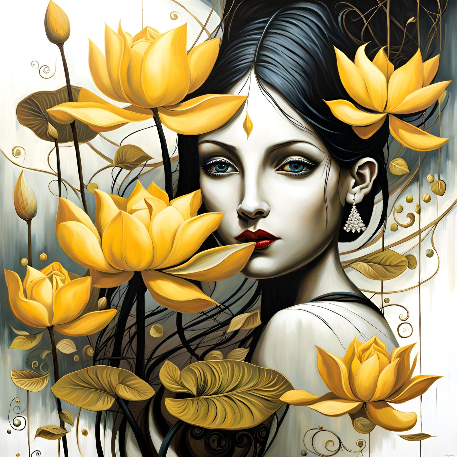 Cute Girl with Yellow Lotus Flowers, Dark Art