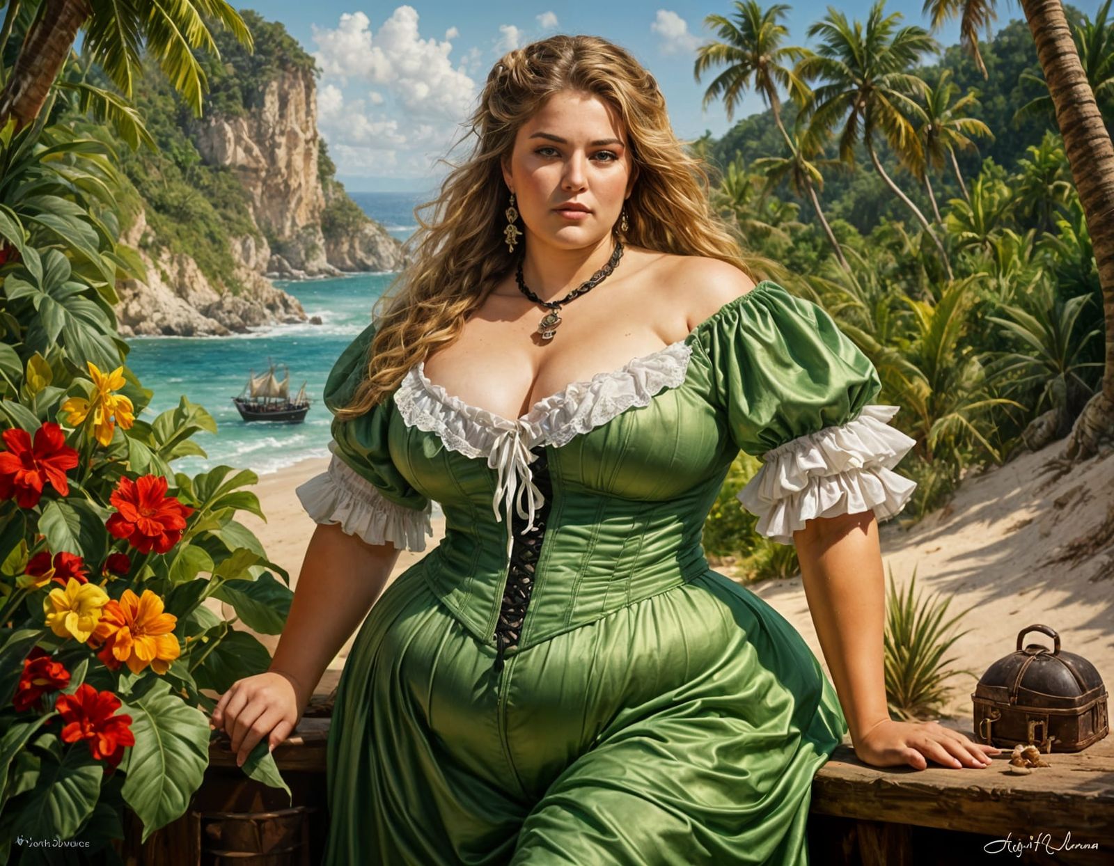 Plus Size Blonde Pirate in Tropical Island Portrait
