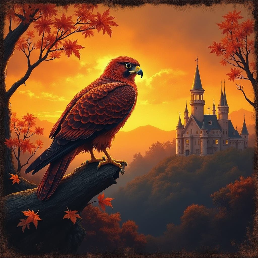 Autumn Nighttime Castle Scene with Peregrine Falcon in Hyper...