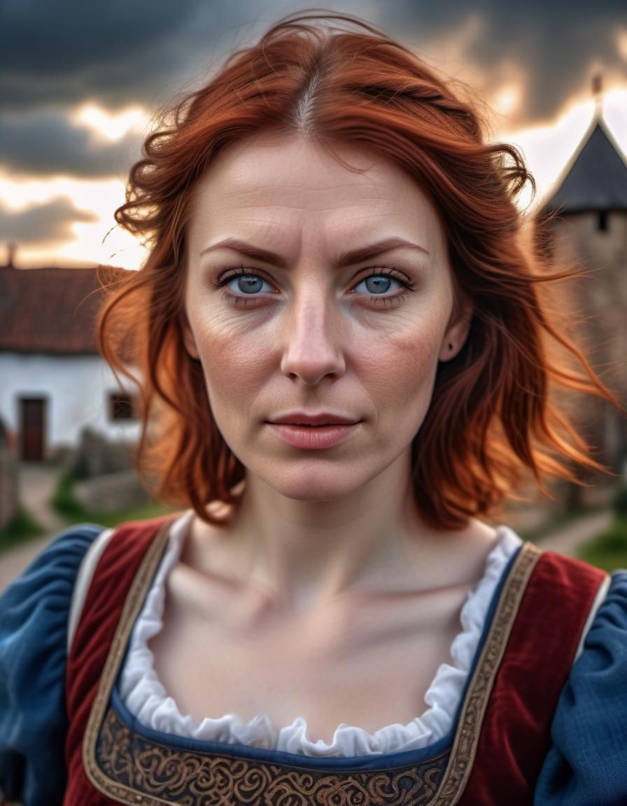 Auburn Beauty in Medieval Village at Sunrise