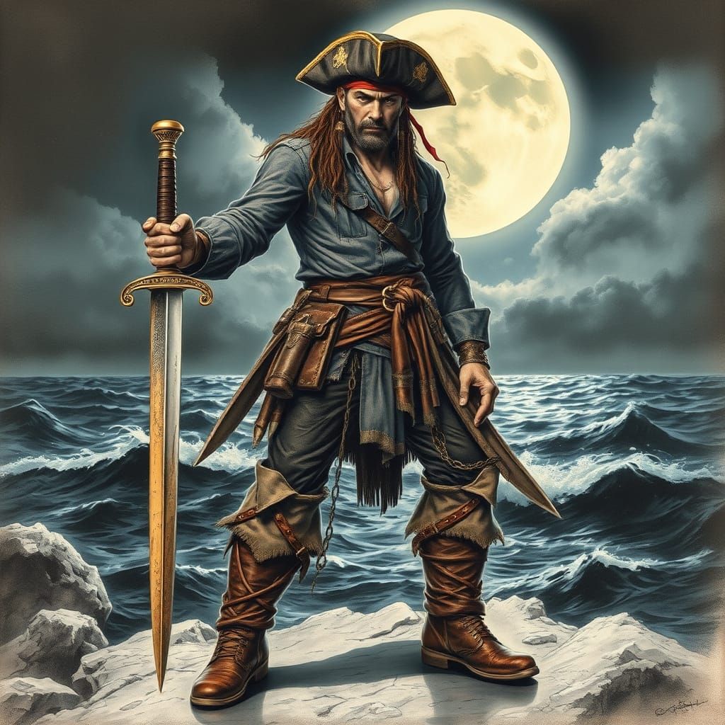 Pirate with Sword in Charcoal Drawing Style