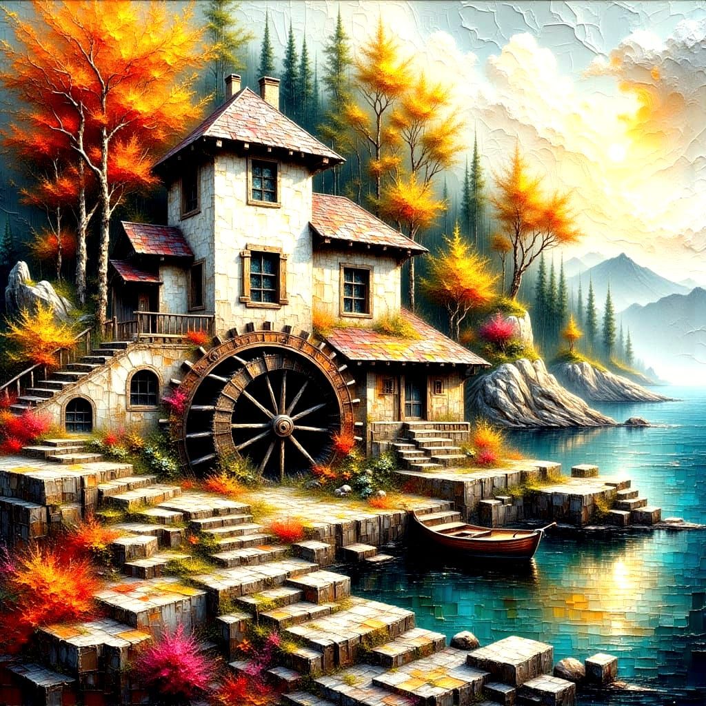 Ancient Waterwheel Mill House in Autumn Village