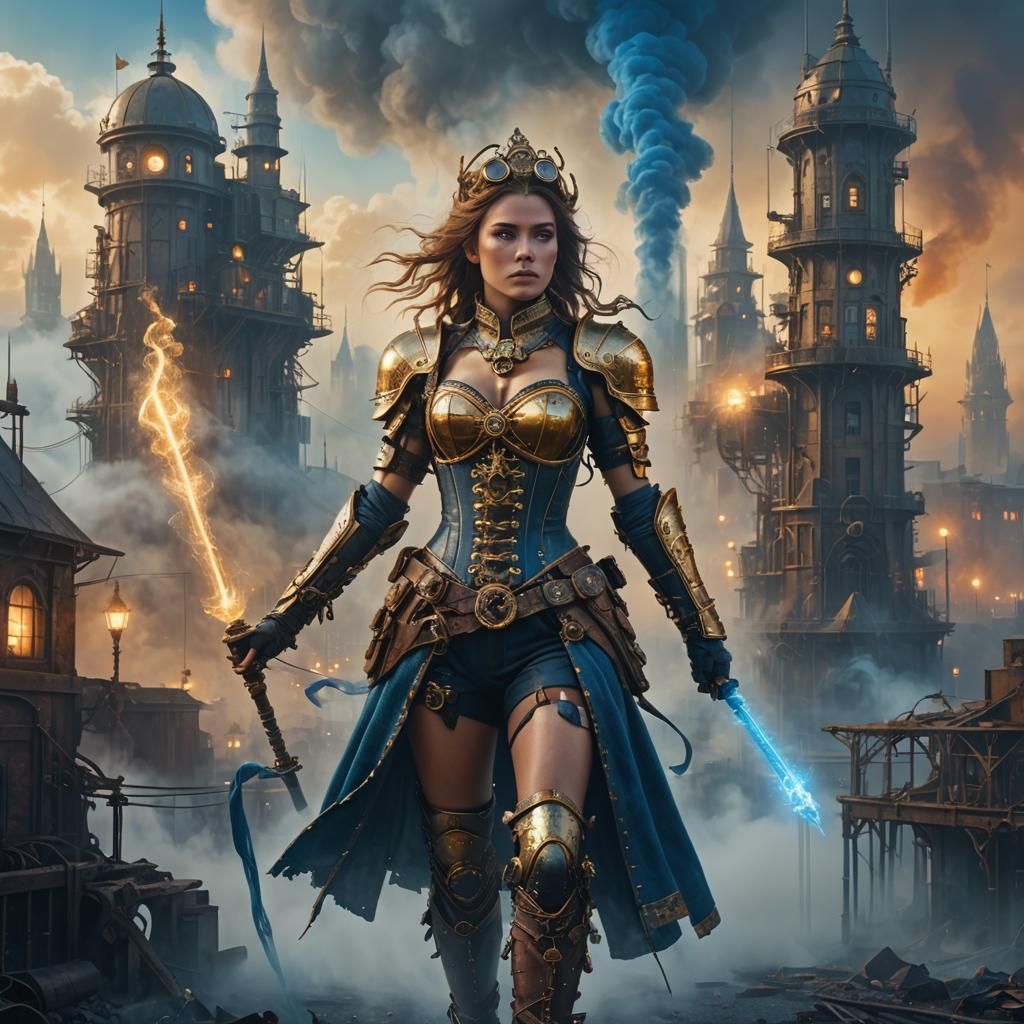 Steampunk Warrior Princess in Industrial Cityscape