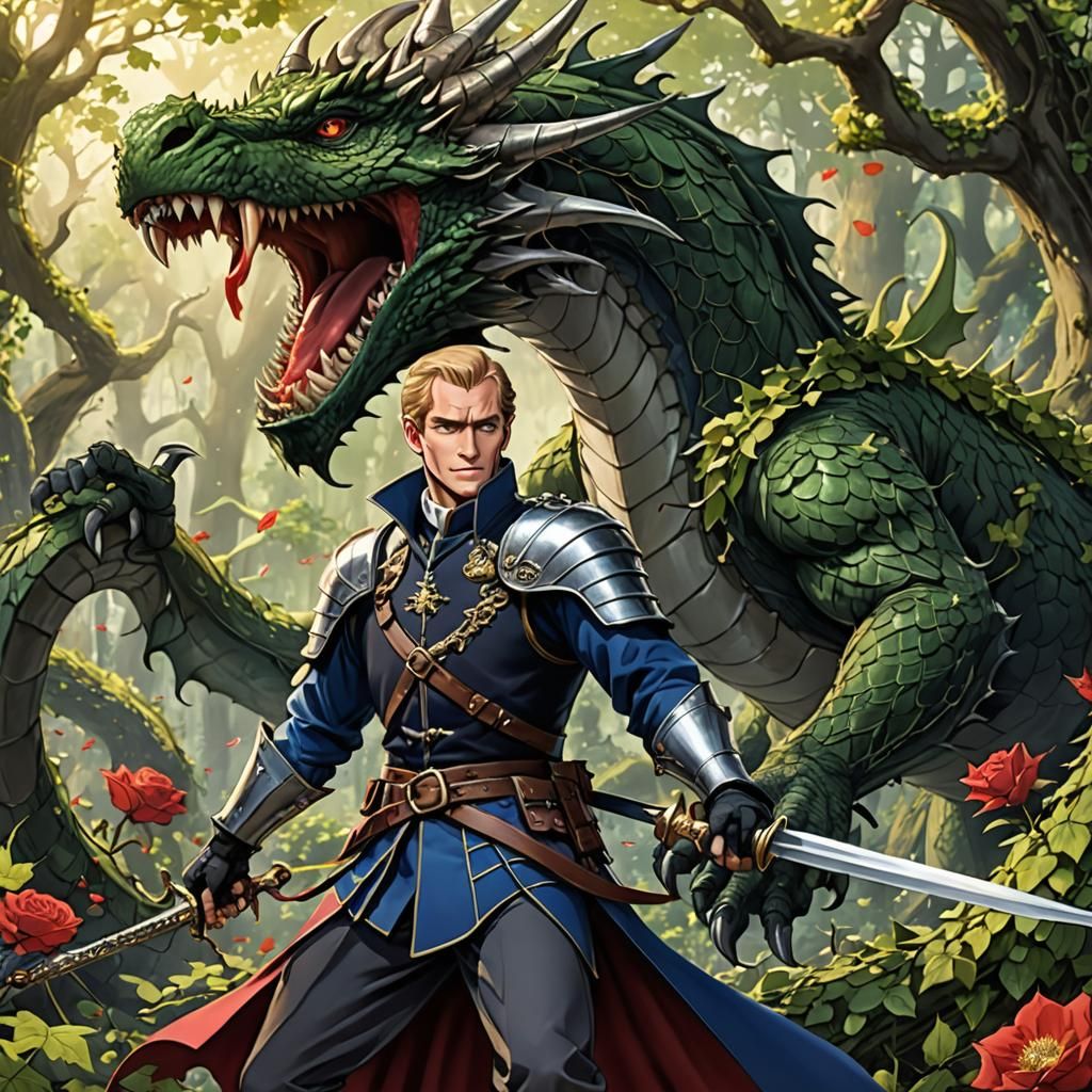 Prince Phillip Slaying a Dragon in Anime Style