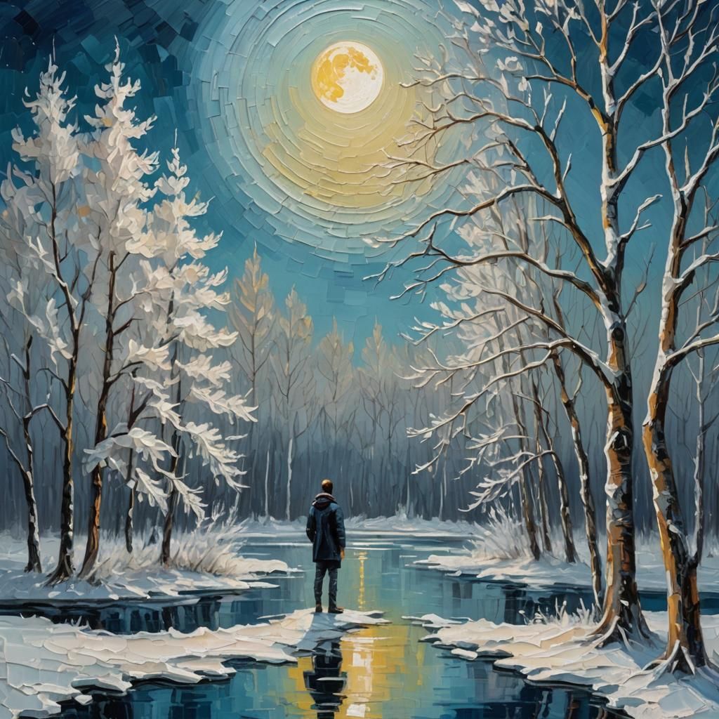 Frozen Lake Under Moon: Neo-Impressionist Impasto Oil Painti...