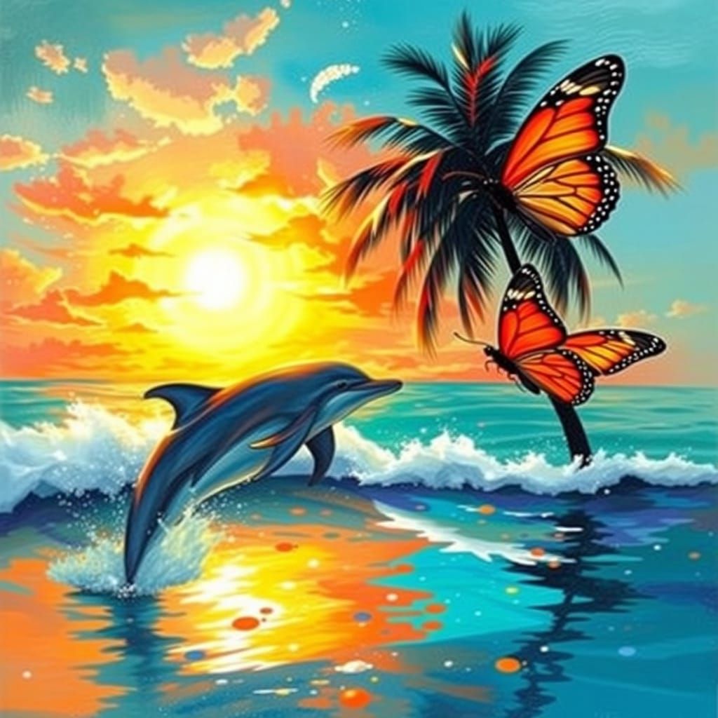 Vibrant Sunset Scene with Dolphins and Butterfly