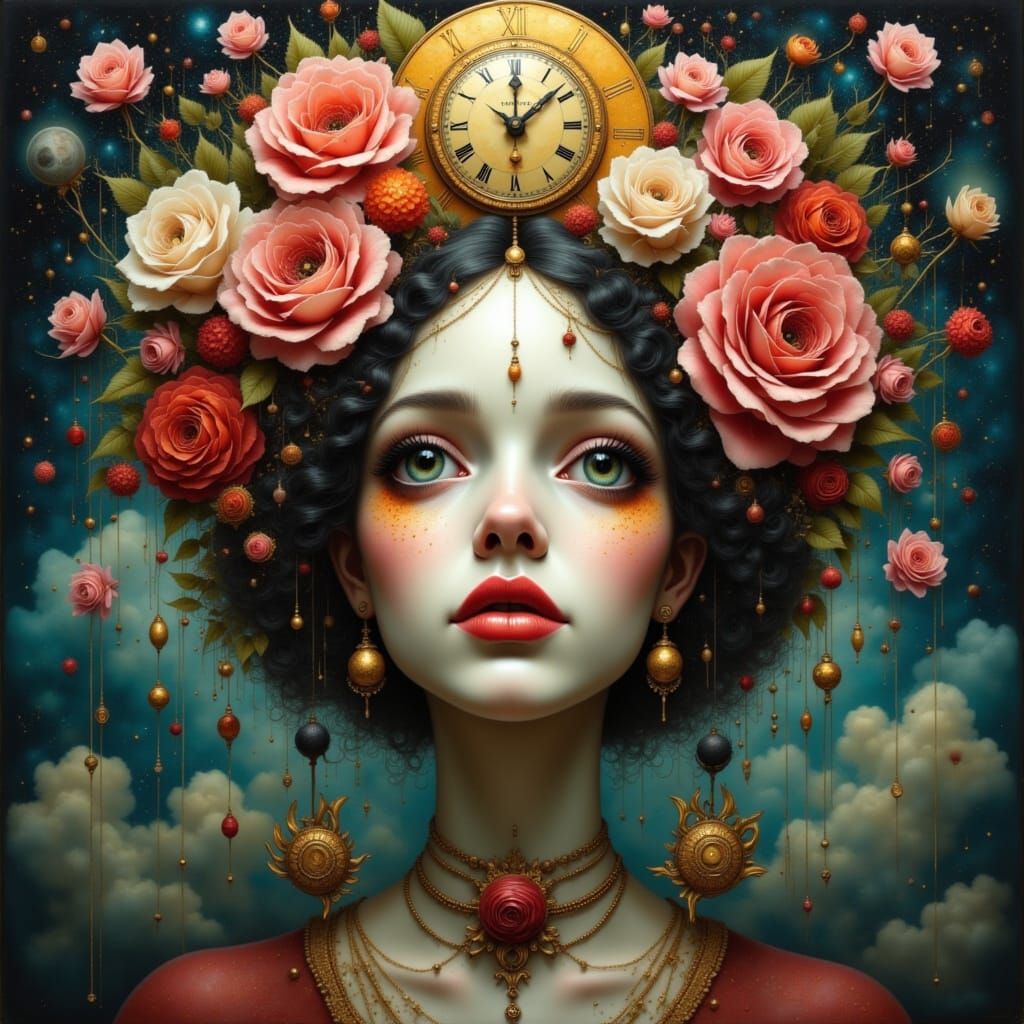 Surreal Woman Portrait with Clockwork Eyes and Rose Halo
