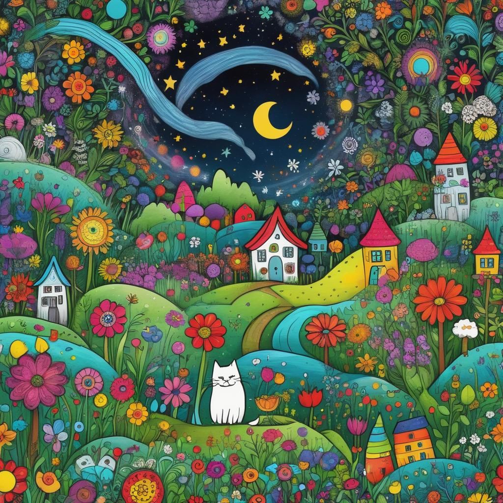 Charming Doodle Art Village with Rolling Hills