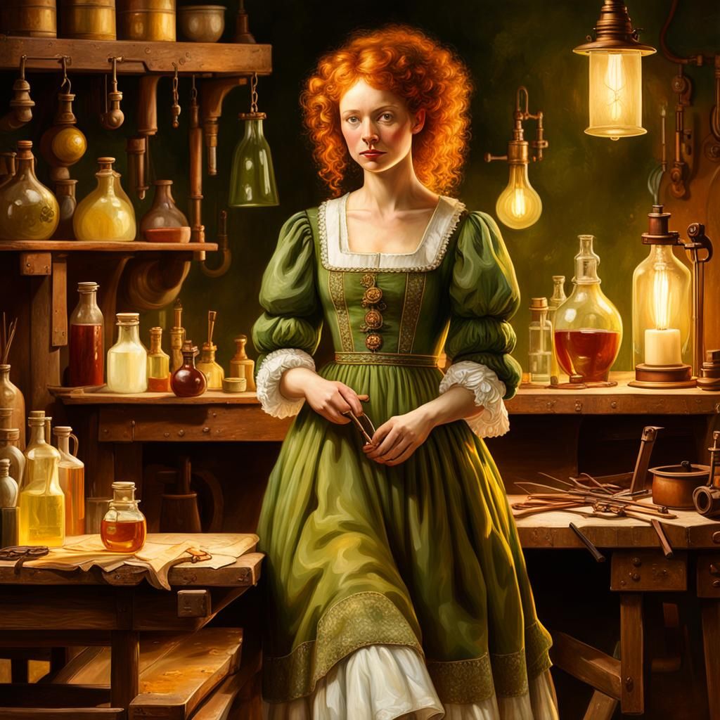 Romantic Portrait of Redhead Alchemist in Oil Painting
