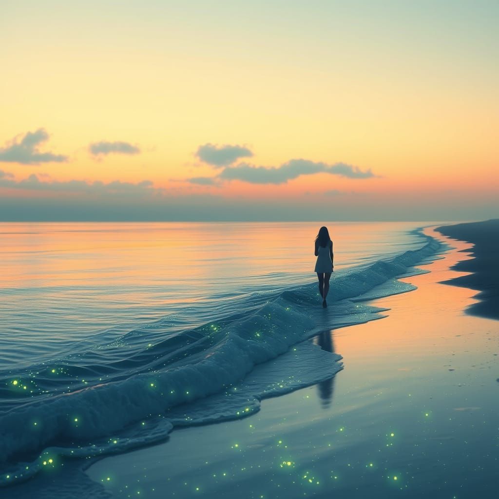 Whimsical Dawn Shoreline with Bioluminescent Waves