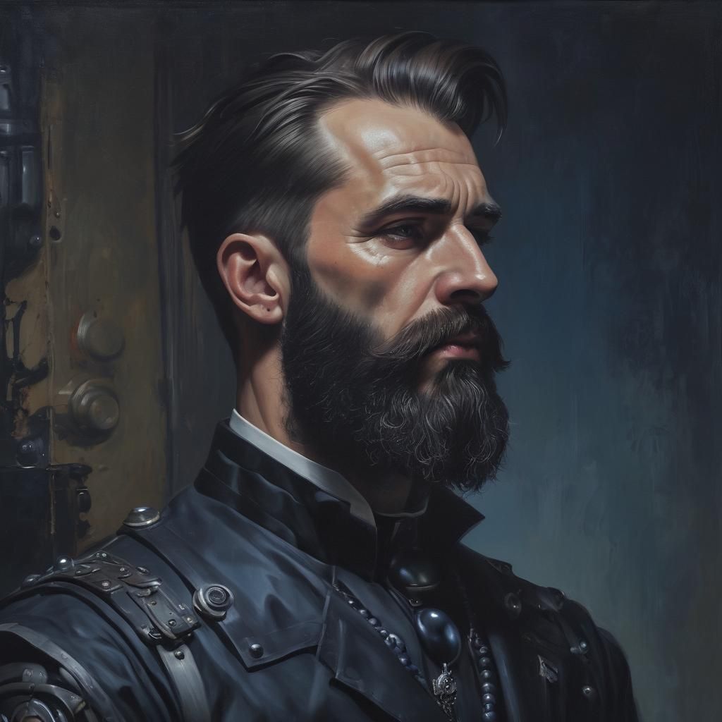 Dieselpunk Bearded Man in Oil on Canvas