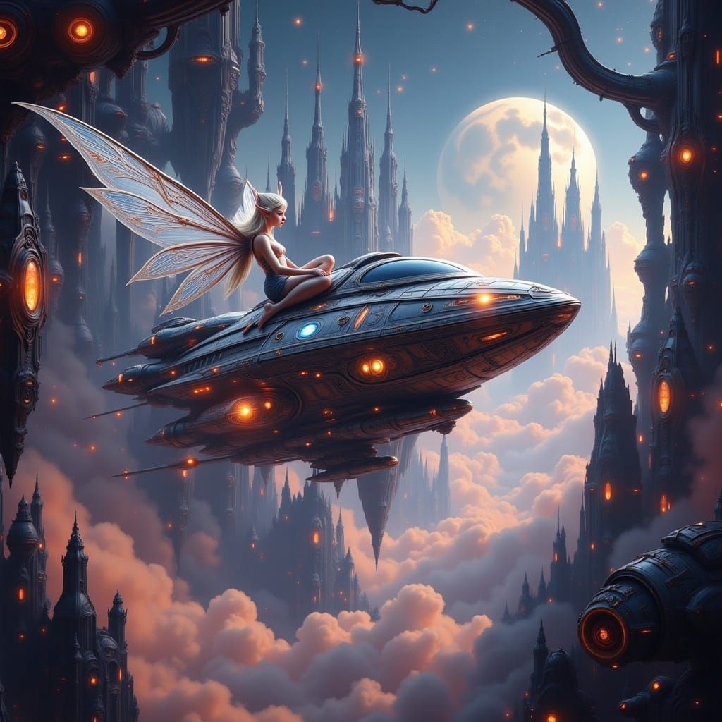 Fairy Explores Sci-Fi Spaceship in Fantasy Art