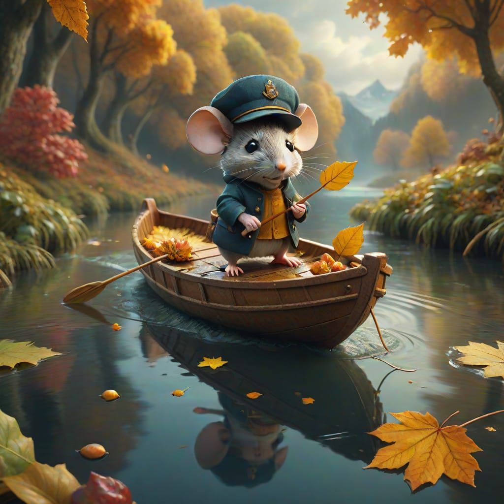 Mouse in Epic Autumnal Digital Painting Sails a Majestic Lea...
