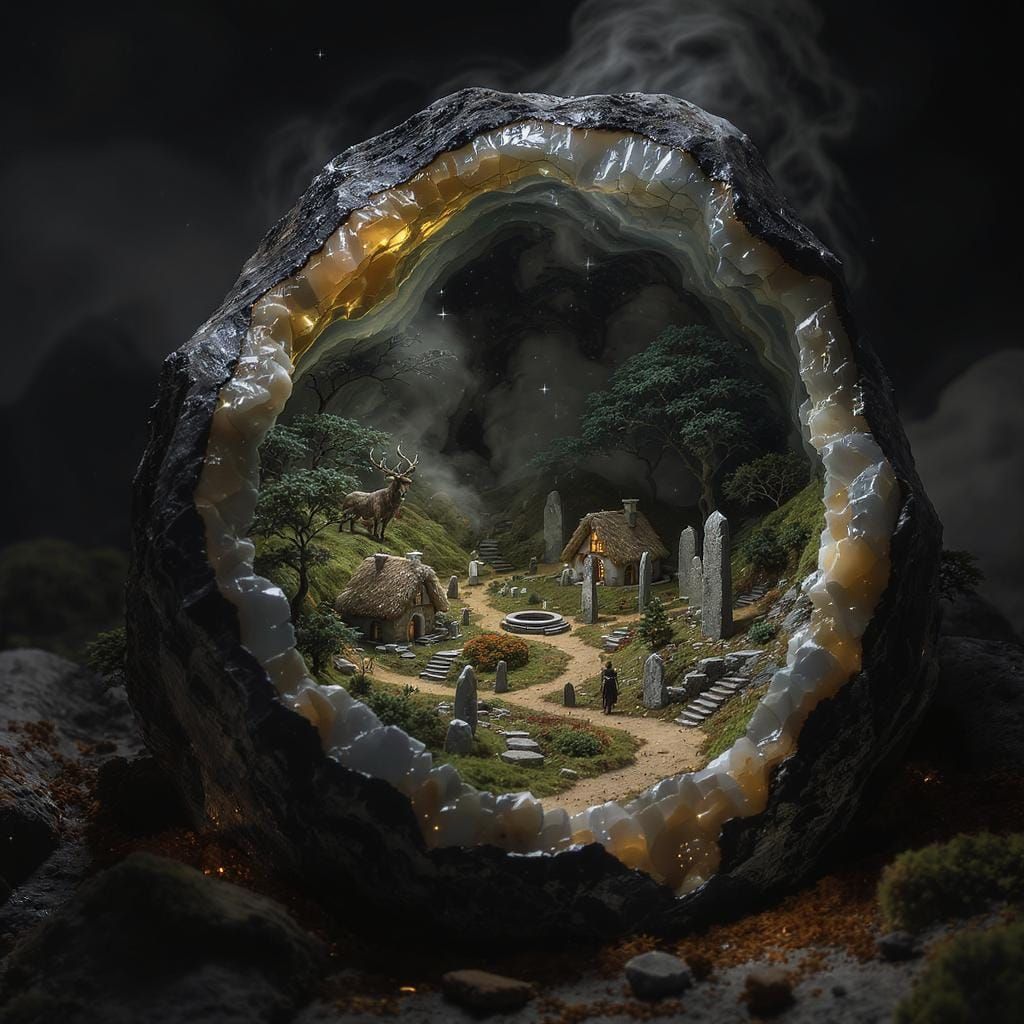 Miniature Celtic Village Inside Geode, Photorealistic Style