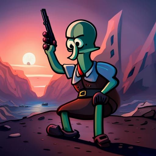 Squidward Holding a Gun