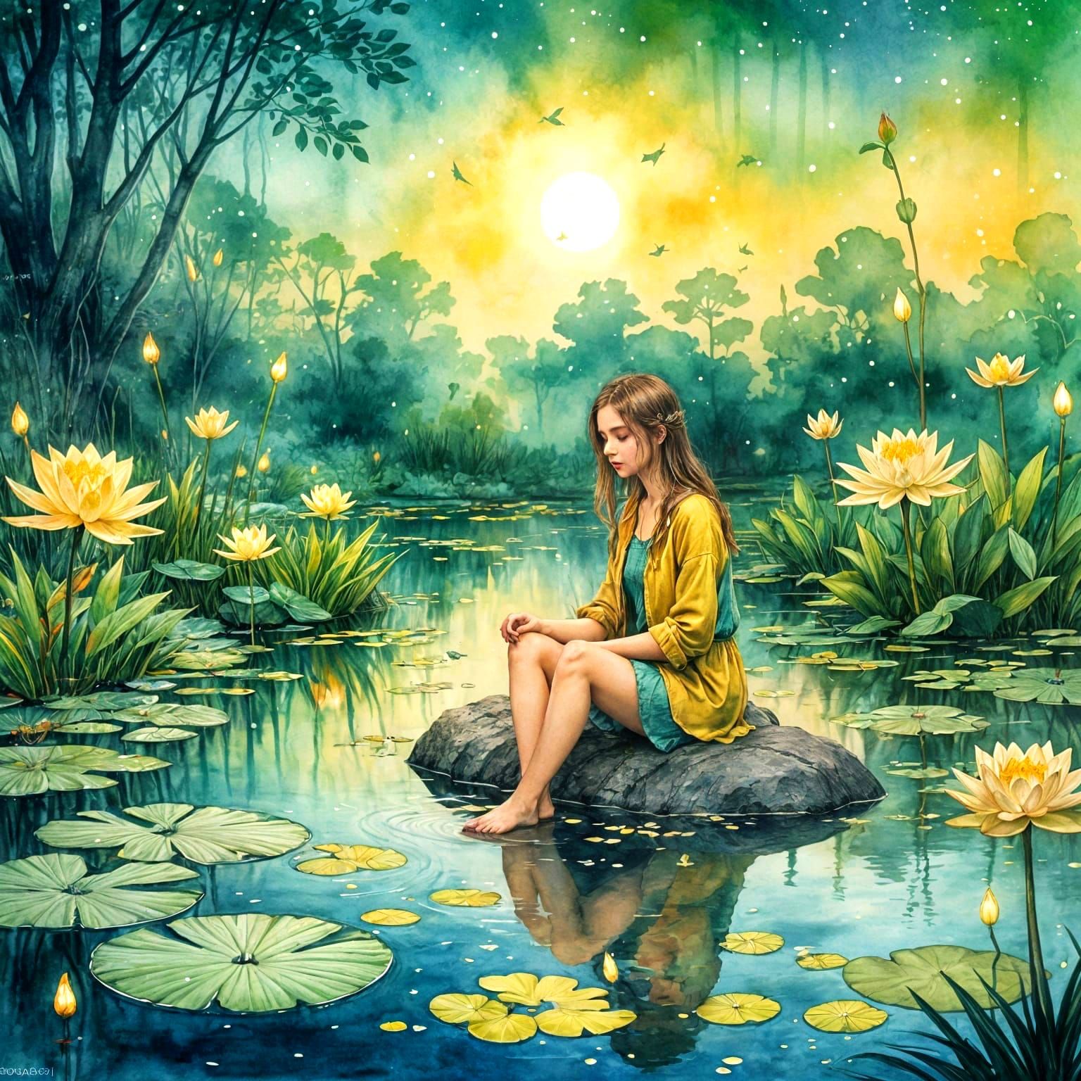 Dreamlike Watercolor Study of a Young Woman Surrounded by Fi...