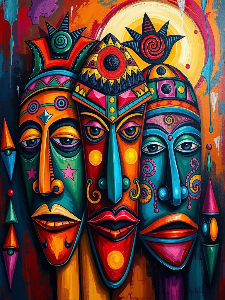 Vibrant African Masks in Fauvist Impasto Style