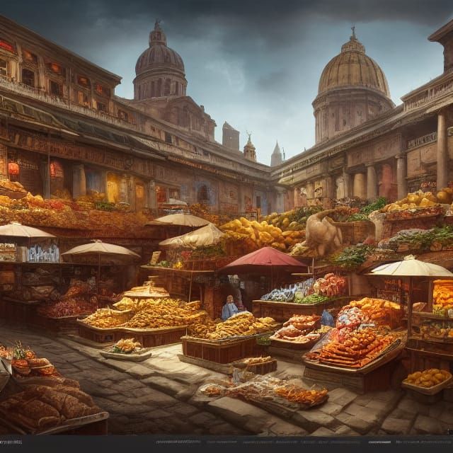 Detailed Roman Market Food in Matte Painting Style