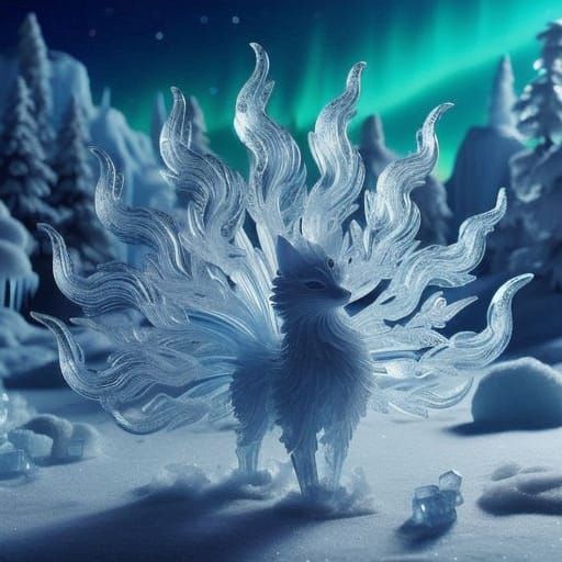 Surreal Anime Kitsune Surrounded by Snowflakes