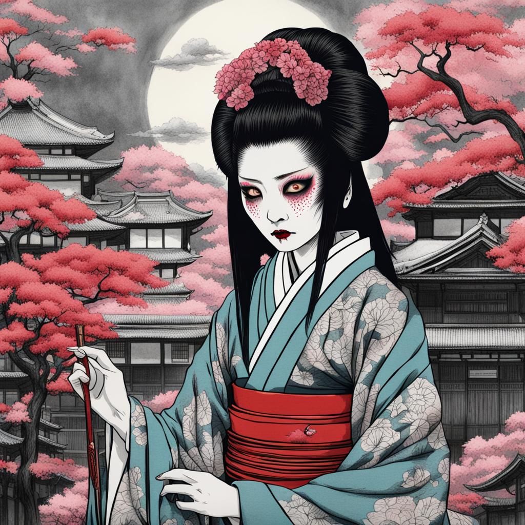 Creepy Geisha in Junji Ito Horror Style