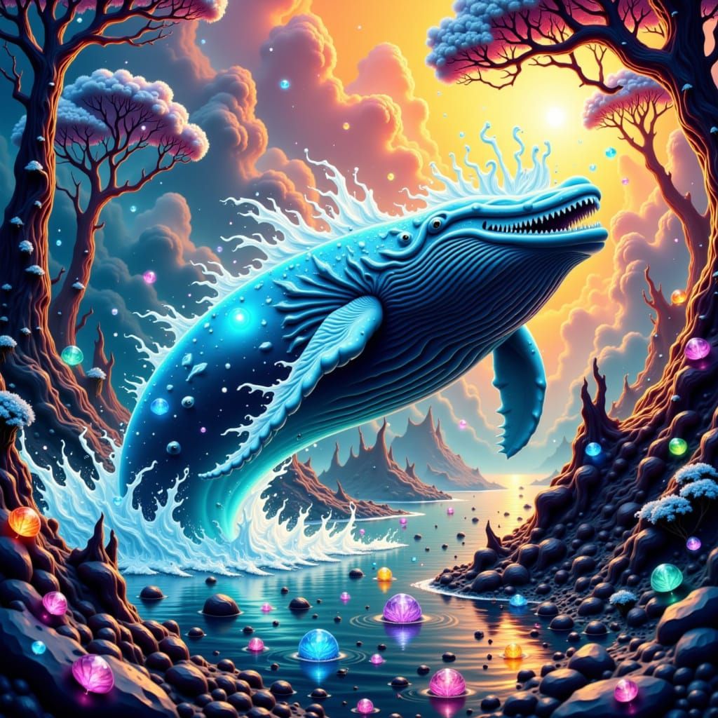 Glowing Whale Leaps From Crystalline Forest, Surreal Scene