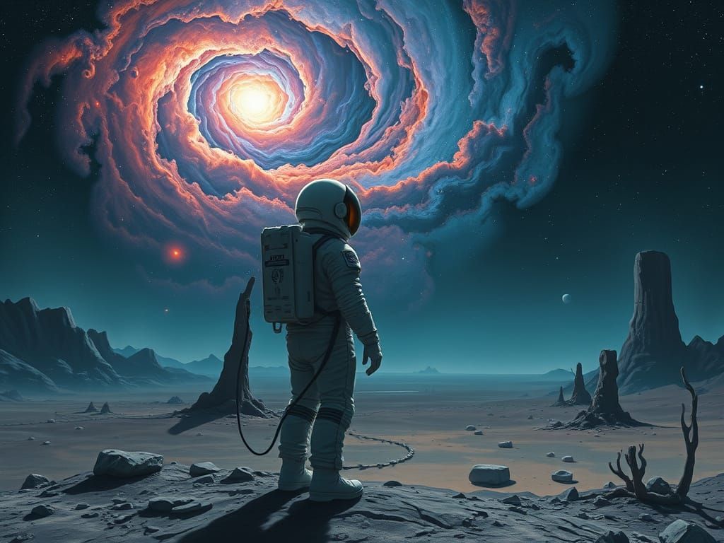 Astronaut Gazing at Nebula on Alien Planet