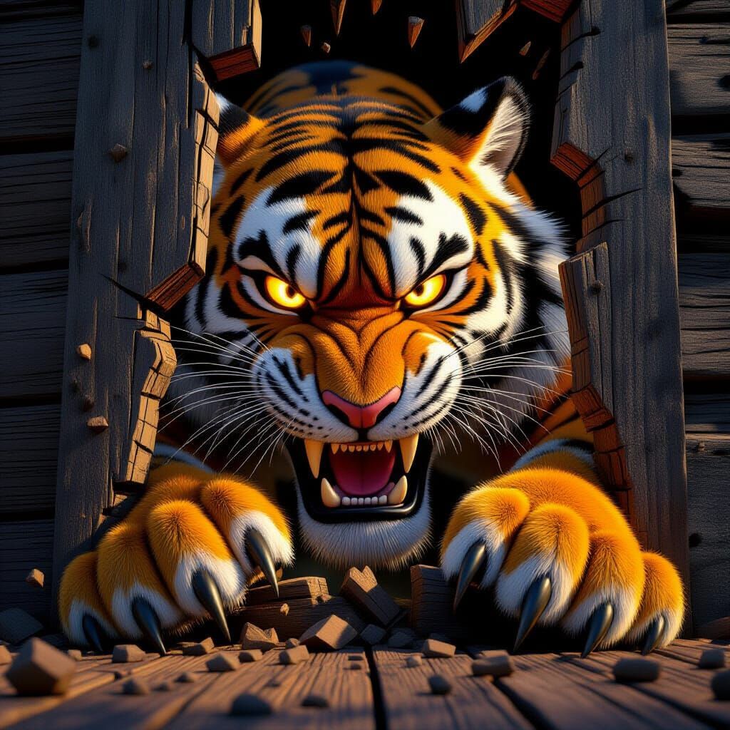 Tiger Claws Rip Through Wooden Door in Pixar Style
