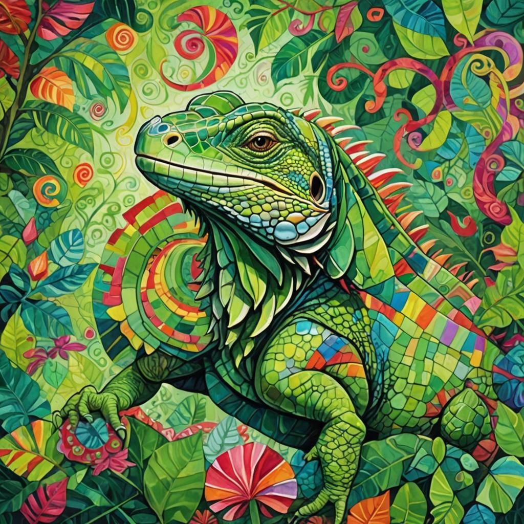 Patchwork Iguana Portrait in a Vibrant Rainforest