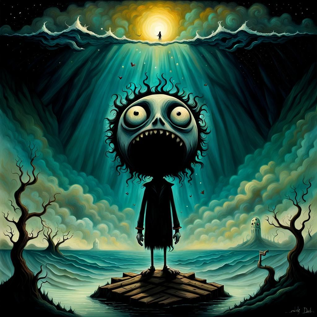 Sinister Boy Amidst Emotional Turmoil in Surreal Style